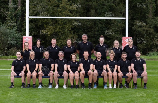101023 - Wales Women WXV Squad 2023 - Management who will take part in WXV1 in New Zealand - Left to right, back row - Cara Jones, Dr Gwennan Williams, Jamie Cox, Elin Drake, Dale Thomas, Lois Drummie, Eve Holcombe, Simon Roberts; Front row, George Morgan, Jo Perkins, Shaun Connor, Eifion Roberts, Angela Daw, Ioan Cunningham, Mike Hill, Catrina Nicholas-McLaughlin, Adam Fuge and Tom Sheppard