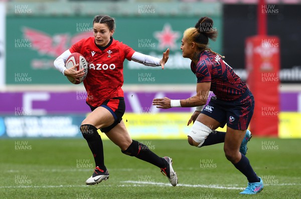 120322 - Wales Women XV v USA Falcons - Friendly Rugby International - Jasmine Joyce of Wales is tackled by Bulou Mataitoga of USA