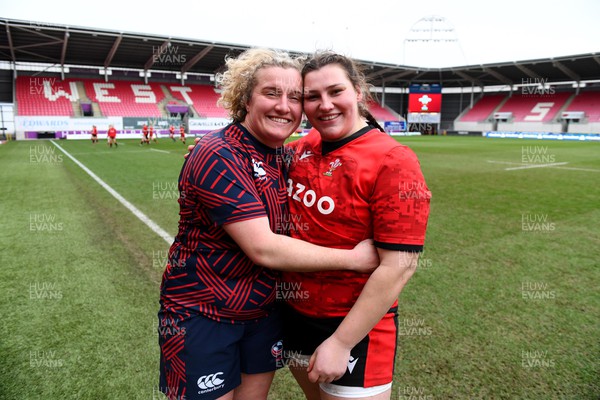 120322 - Wales Women XV v USA Falcons - Catie Benson of USA and Gwenllian Pyrs at the end of the game