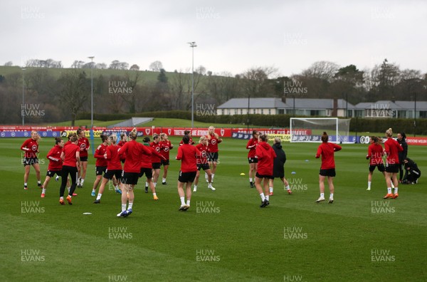 301120 - Wales Women Football Training - Wales team warm up during training