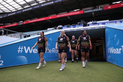 260626 - Wales Womens Rugby Captains Run at Twickenham ahead of their game against the Barbarians tomorrow - Courtney Keight, Kelsey Jones and Sisilia Tuipulotu