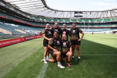260626 - Wales Womens Rugby Captains Run at Twickenham ahead of their game against the Barbarians tomorrow - Kelsey Jones, Maisie Davies, Katherine Baverstock, Stella Orrin