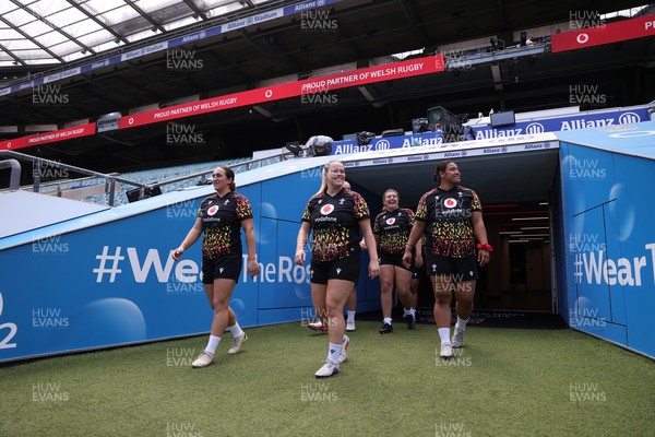 260626 - Wales Womens Rugby Captains Run at Twickenham ahead of their game against the Barbarians tomorrow - Courtney Keight, Kelsey Jones and Sisilia Tuipulotu