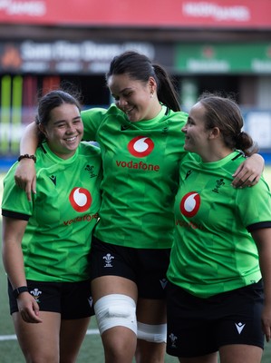 250926 Wales Women Captain’s Run - Crystal James, Jorja Aiono and Shanelle Williams during Captains Run at Cardiff Arms Park ahead of the WXV match against the USA