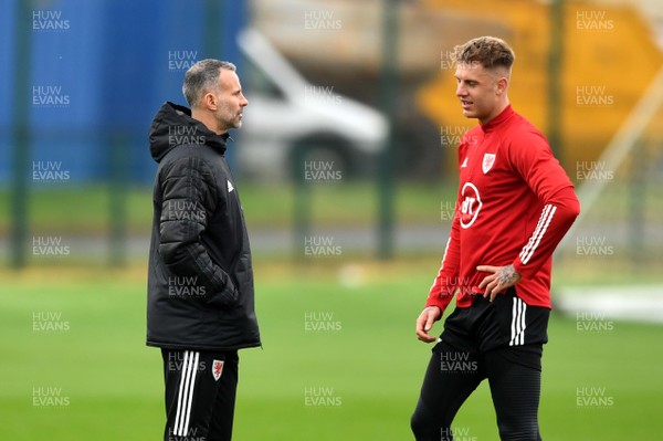 051020 - Wales Football Training - Ryan Giggs talks to Joe Rodon during training