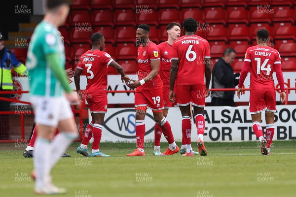 180223 - Newport County v Walsall, EFL Sky Bet League 2 - Walsall players celebrate with Isaac Hutchinson after he scores the opening goal