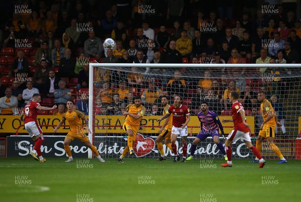 200819 - Walsall v Newport County - SkyBet League Two - Padraig Amond of Newport County clears the ball from the goal line