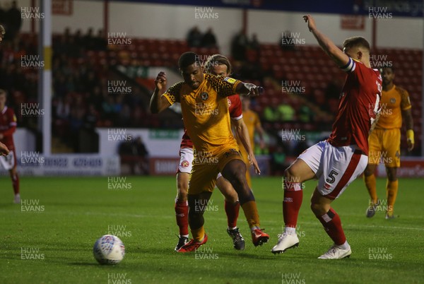 200819 - Walsall v Newport County - SkyBet League Two - Tristan Abrahams of Newport County is challenged by James Clarke of Walsall