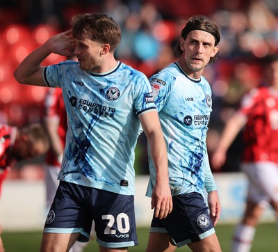 210326 - Walsall v Newport County - Sky Bet League 2 - Harrison Biggins of Newport celebrates scoring the 1st goal of the match at the end of the 1st half with Ben Lloyd of Newport
