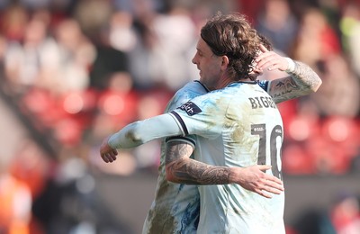 210326 - Walsall v Newport County - Sky Bet League 2 - Harrison Biggins of Newport celebrates scoring the 1st goal of the match at the end of the 1st half with James Crole of Newport