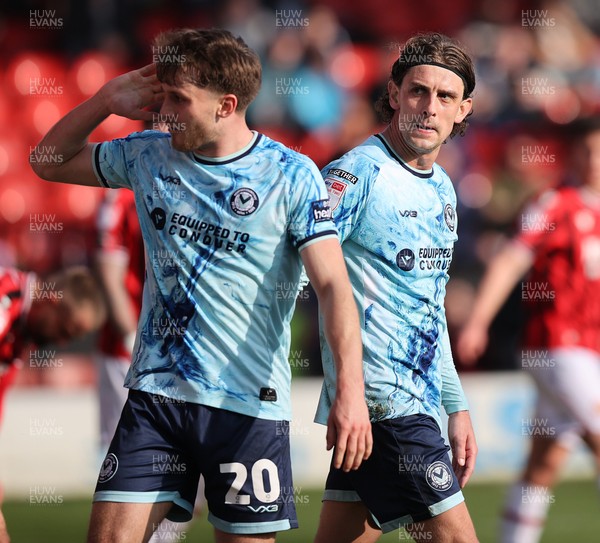 210326 - Walsall v Newport County - Sky Bet League 2 - Harrison Biggins of Newport celebrates scoring the 1st goal of the match at the end of the 1st half with Ben Lloyd of Newport