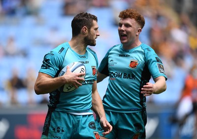 120921 - Wasps v Dragons - Preseason Friendly - Jonah Holmes of Dragons celebrates his first try with Aneurin Owen