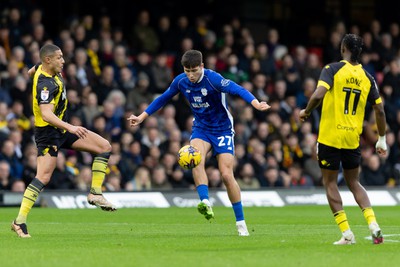 030224 - Watford v Cardiff City - Sky Bet League Championship - Rubin Colwill of Cardiff City controls the ball