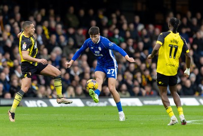 030224 - Watford v Cardiff City - Sky Bet League Championship - Rubin Colwill of Cardiff City controls the ball