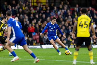 030224 - Watford v Cardiff City - Sky Bet League Championship - Rubin Colwill of Cardiff City shoots