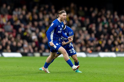 030224 - Watford v Cardiff City - Sky Bet League Championship - Josh Bowler of Cardiff City celebrates after scoring his team’s first goal