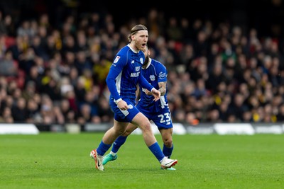 030224 - Watford v Cardiff City - Sky Bet League Championship - Josh Bowler of Cardiff City celebrates after scoring his team’s first goal