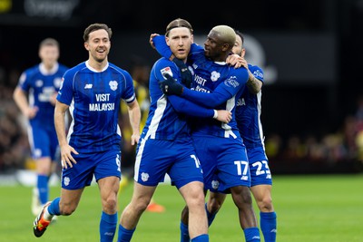 030224 - Watford v Cardiff City - Sky Bet League Championship - Josh Bowler of Cardiff City celebrates with Jamilu Collins of Cardiff City after scoring his team’s first goal