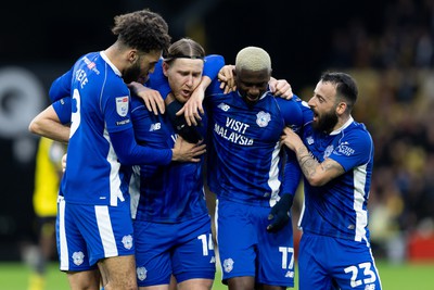 030224 - Watford v Cardiff City - Sky Bet League Championship - Josh Bowler of Cardiff City celebrates with his teammates after scoring his team’s first goal