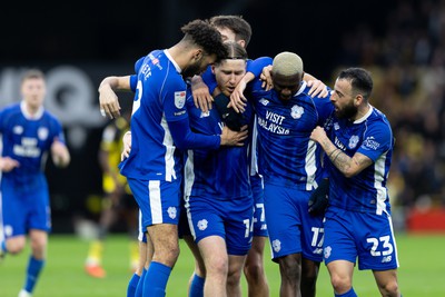 030224 - Watford v Cardiff City - Sky Bet League Championship - Josh Bowler of Cardiff City celebrates with his teammates after scoring his team’s first goal