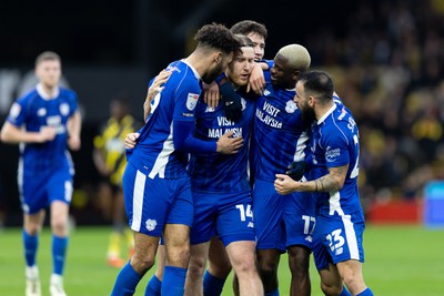 030224 - Watford v Cardiff City - Sky Bet League Championship - Josh Bowler of Cardiff City celebrates with his teammates after scoring his team’s first goal