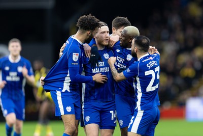 030224 - Watford v Cardiff City - Sky Bet League Championship - Josh Bowler of Cardiff City celebrates with his teammates after scoring his team’s first goal