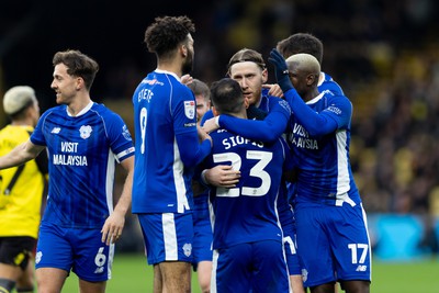 030224 - Watford v Cardiff City - Sky Bet League Championship - Josh Bowler of Cardiff City celebrates with his teammates after scoring his team’s first goal