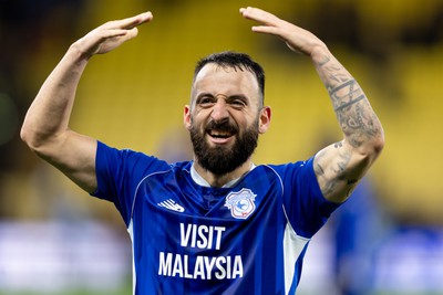 030224 - Watford v Cardiff City - Sky Bet League Championship - Manolis Siopis of Cardiff City waves the fans after their sides victory