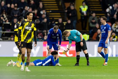 030224 - Watford v Cardiff City - Sky Bet League Championship - Match referee James Linington talks to Kion Etete of Cardiff City