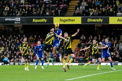 030224 - Watford v Cardiff City - Sky Bet League Championship - Dimitris Goutas of Cardiff City wins a header