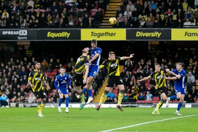 030224 - Watford v Cardiff City - Sky Bet League Championship - Dimitris Goutas of Cardiff City wins a header