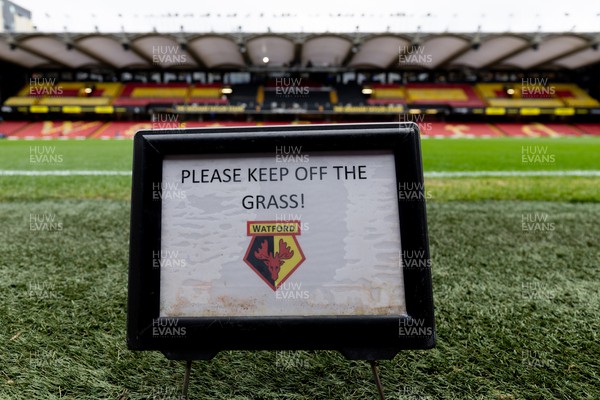 030224 - Watford v Cardiff City - Sky Bet League Championship - Please Keep Off the Grass sign at Vicarage Road