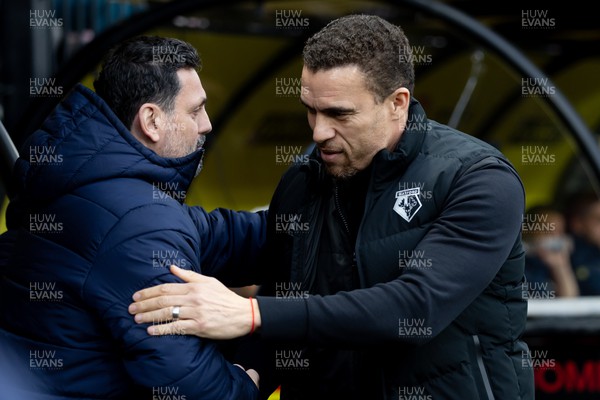 030224 - Watford v Cardiff City - Sky Bet League Championship - Valerien Ismael Manager of Watford  greets Erol Bulut manager of Cardiff City prior to the game