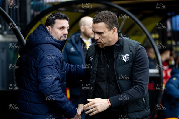 030224 - Watford v Cardiff City - Sky Bet League Championship - Valerien Ismael Manager of Watford  greets Erol Bulut manager of Cardiff City prior to the game