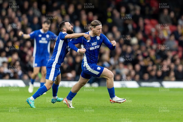 030224 - Watford v Cardiff City - Sky Bet League Championship - Josh Bowler of Cardiff City celebrates after scoring his team’s first goal