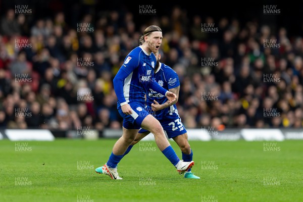 030224 - Watford v Cardiff City - Sky Bet League Championship - Josh Bowler of Cardiff City celebrates after scoring his team’s first goal