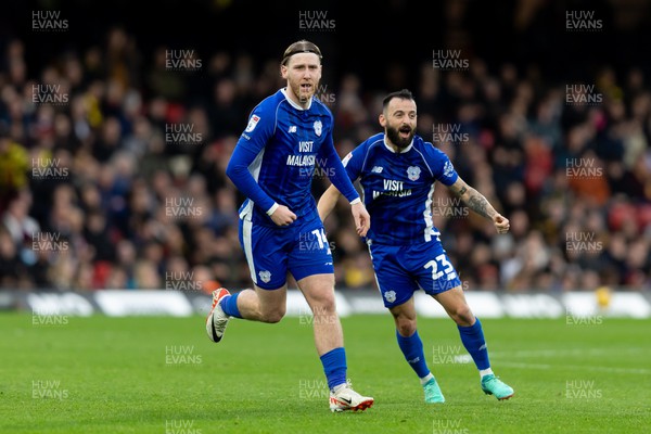 030224 - Watford v Cardiff City - Sky Bet League Championship - Josh Bowler of Cardiff City celebrates with Manolis Siopis of Cardiff City after scoring his team’s first goal