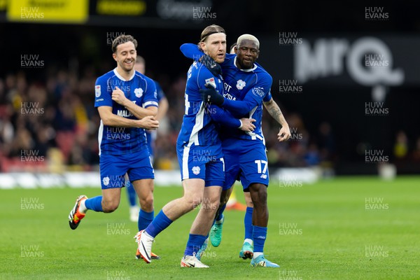 030224 - Watford v Cardiff City - Sky Bet League Championship - Josh Bowler of Cardiff City celebrates with Jamilu Collins of Cardiff City after scoring his team’s first goal