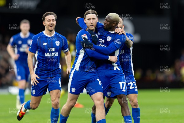 030224 - Watford v Cardiff City - Sky Bet League Championship - Josh Bowler of Cardiff City celebrates with Jamilu Collins of Cardiff City after scoring his team’s first goal