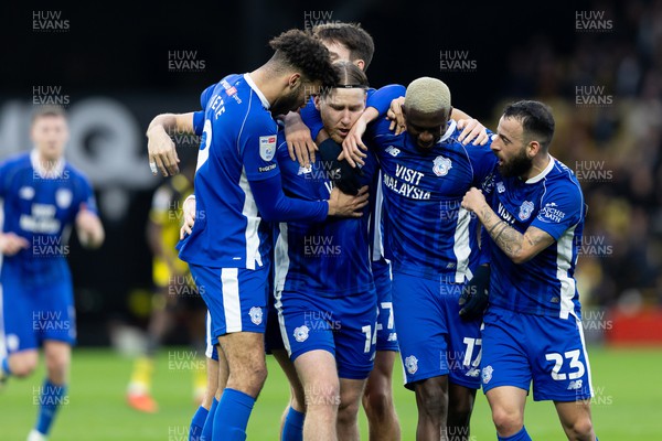 030224 - Watford v Cardiff City - Sky Bet League Championship - Josh Bowler of Cardiff City celebrates with his teammates after scoring his team’s first goal