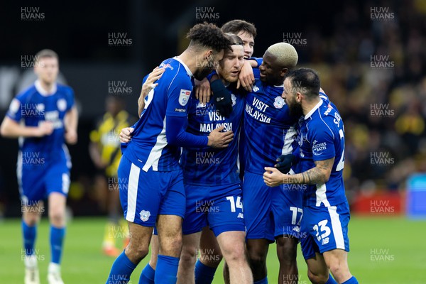 030224 - Watford v Cardiff City - Sky Bet League Championship - Josh Bowler of Cardiff City celebrates with his teammates after scoring his team’s first goal