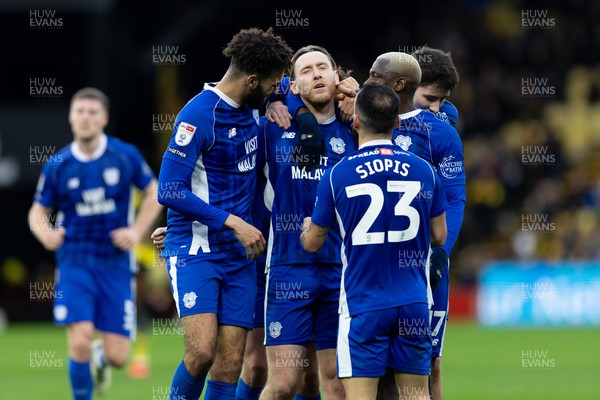 030224 - Watford v Cardiff City - Sky Bet League Championship - Josh Bowler of Cardiff City celebrates with his teammates after scoring his team’s first goal