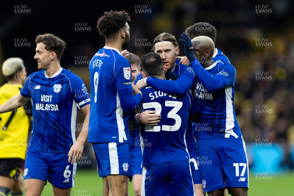 030224 - Watford v Cardiff City - Sky Bet League Championship - Josh Bowler of Cardiff City celebrates with his teammates after scoring his team’s first goal