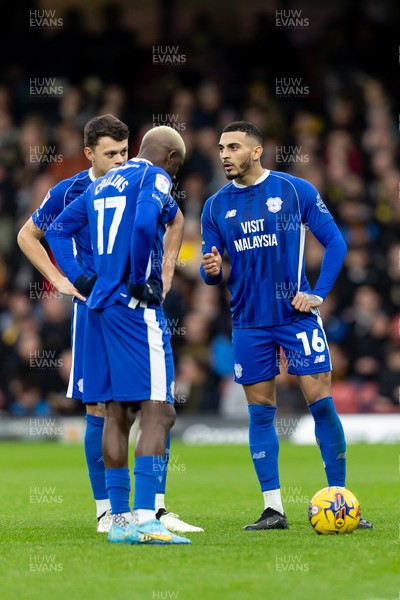 030224 - Watford v Cardiff City - Sky Bet League Championship - Karlan Grant of Cardiff City talks to Perry Ng of Cardiff City and Jamilu Collins of Cardiff City
