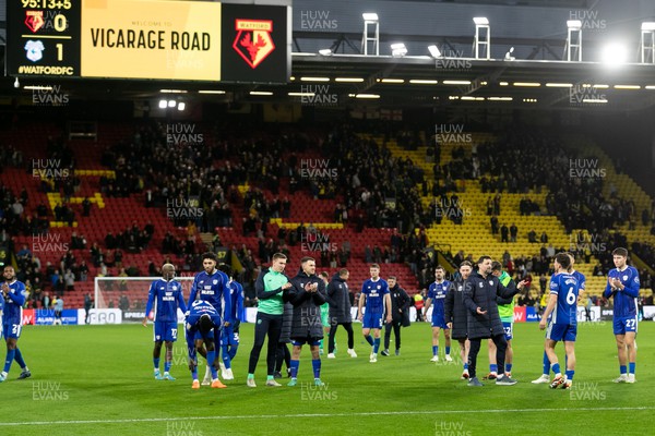 030224 - Watford v Cardiff City - Sky Bet League Championship - Players of Cardiff City applaud the fans after their sides victory