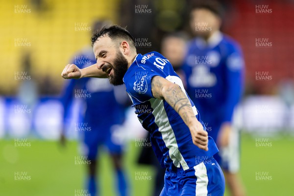 030224 - Watford v Cardiff City - Sky Bet League Championship - Manolis Siopis of Cardiff City waves the fans after their sides victory