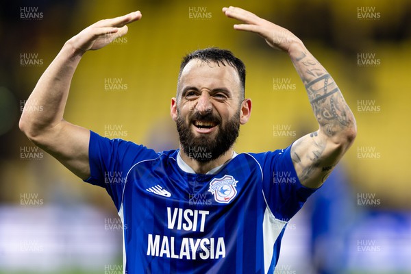 030224 - Watford v Cardiff City - Sky Bet League Championship - Manolis Siopis of Cardiff City waves the fans after their sides victory