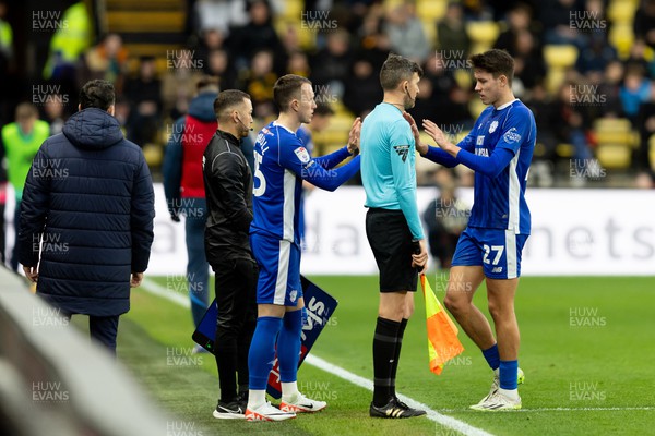 030224 - Watford v Cardiff City - Sky Bet League Championship - Rubin Colwill of Cardiff City is being replaced by David Turnbull of Carfiff City