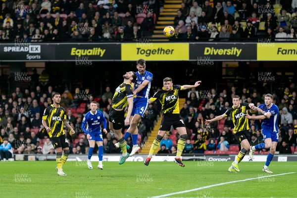 030224 - Watford v Cardiff City - Sky Bet League Championship - Dimitris Goutas of Cardiff City wins a header