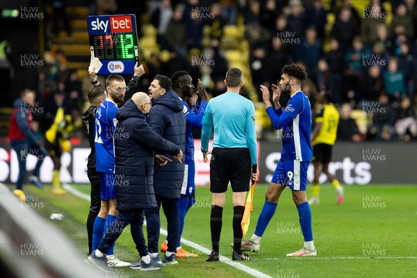 030224 - Watford v Cardiff City - Sky Bet League Championship - Kion Etete of Cardiff City is being replaced by Famara Diédhiou of Cardiff City